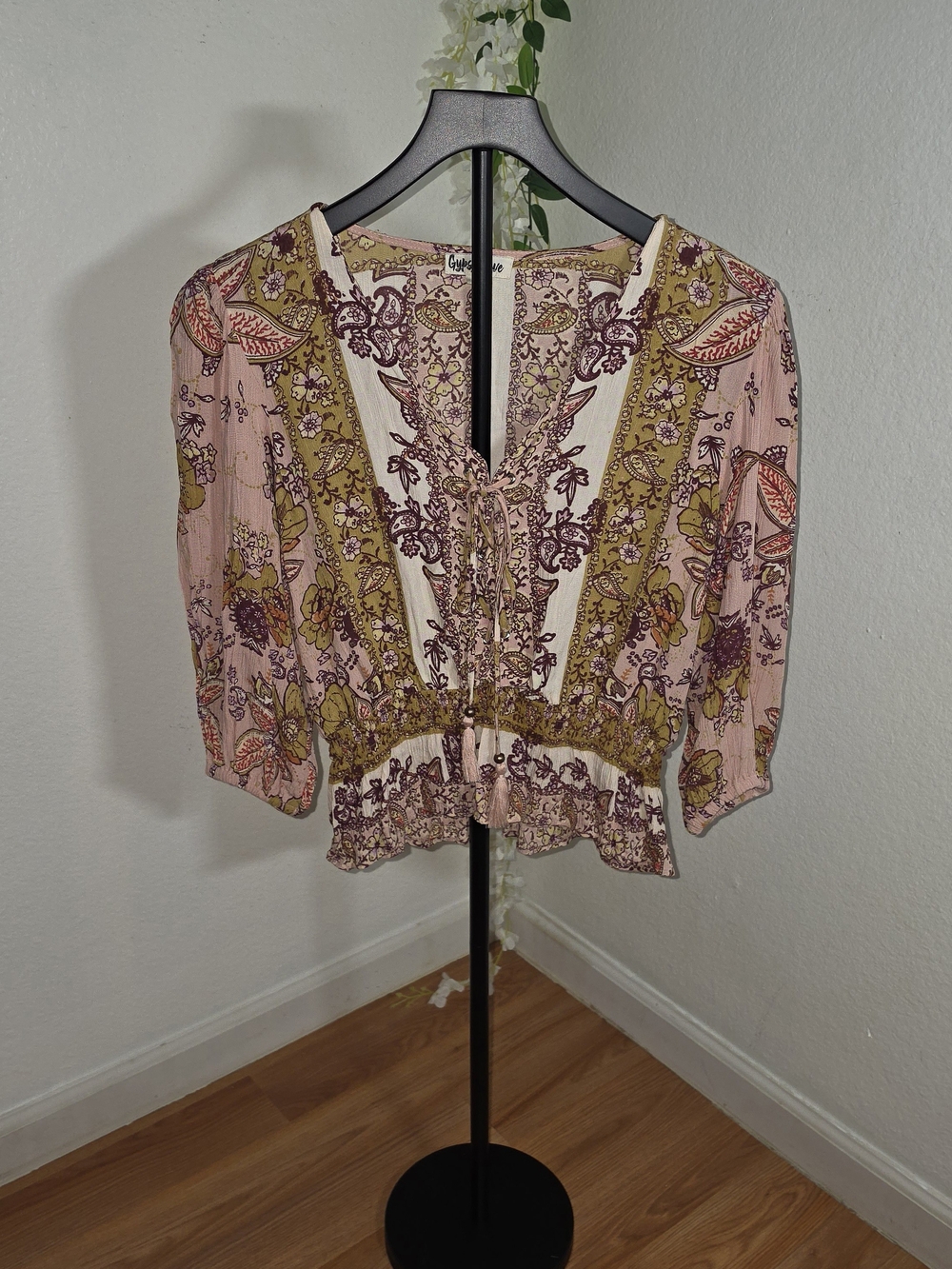 Boho Tie-Front Peasant Blouse in Light Pink Floral